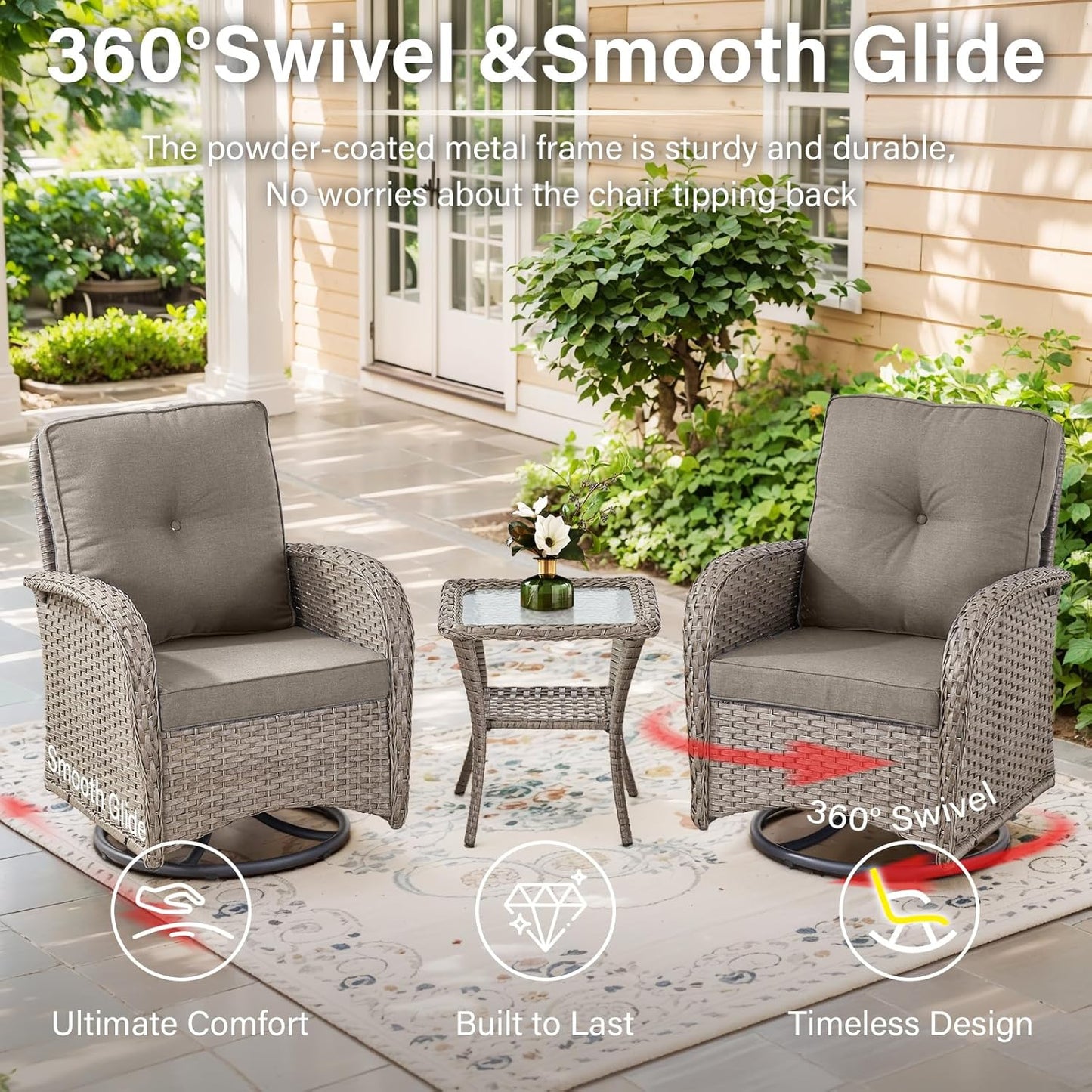 6 Pieces Wicker Patio Furniture Set - Swivel Rocker Outdoor Chairs with Outdoor Couch and Side Table, All-Weather Patio Conversation Set for Sunroom Deck Backyard