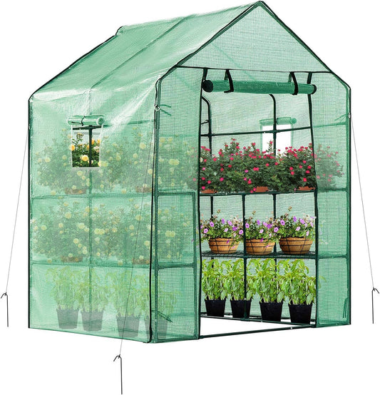 VIVOSUN 57x57x77 Inch Mini Walk in Green House with Window and Anchor, Plant Garden Hot House 2 Tiers 8 Shelves, 4.7 x 4.7 x 6.4 FT