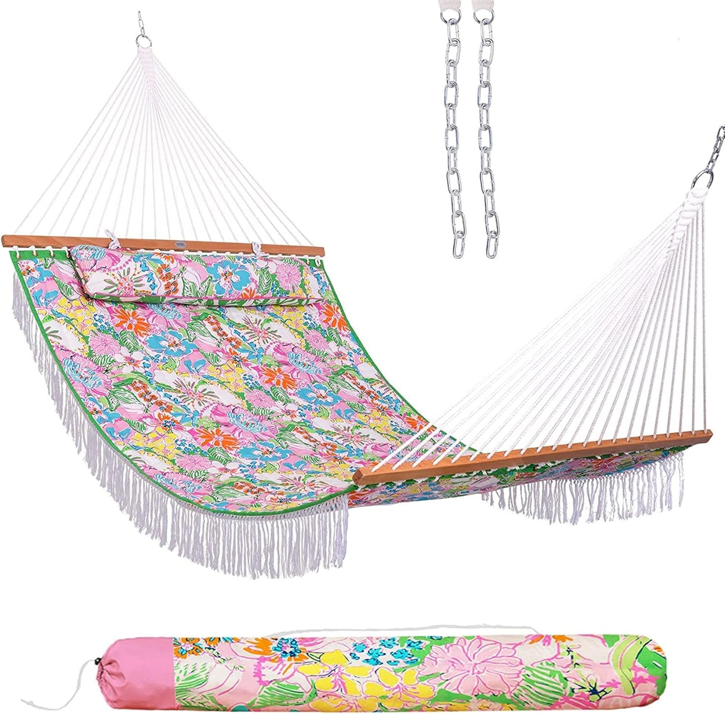 Lazy Daze Hammocks 12 FT Double Layered Quilted Fabric Hammock Swing with Pillow and Carrying Bag, Elegant Tassels and Spread Bar Heavy Duty Stylish for Two Person, Floral