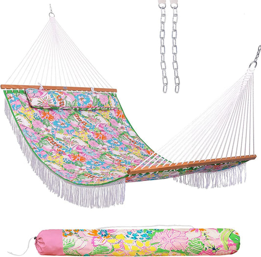 Lazy Daze Hammocks 12 FT Double Layered Quilted Fabric Hammock Swing with Pillow and Carrying Bag, Elegant Tassels and Spread Bar Heavy Duty Stylish for Two Person, Floral