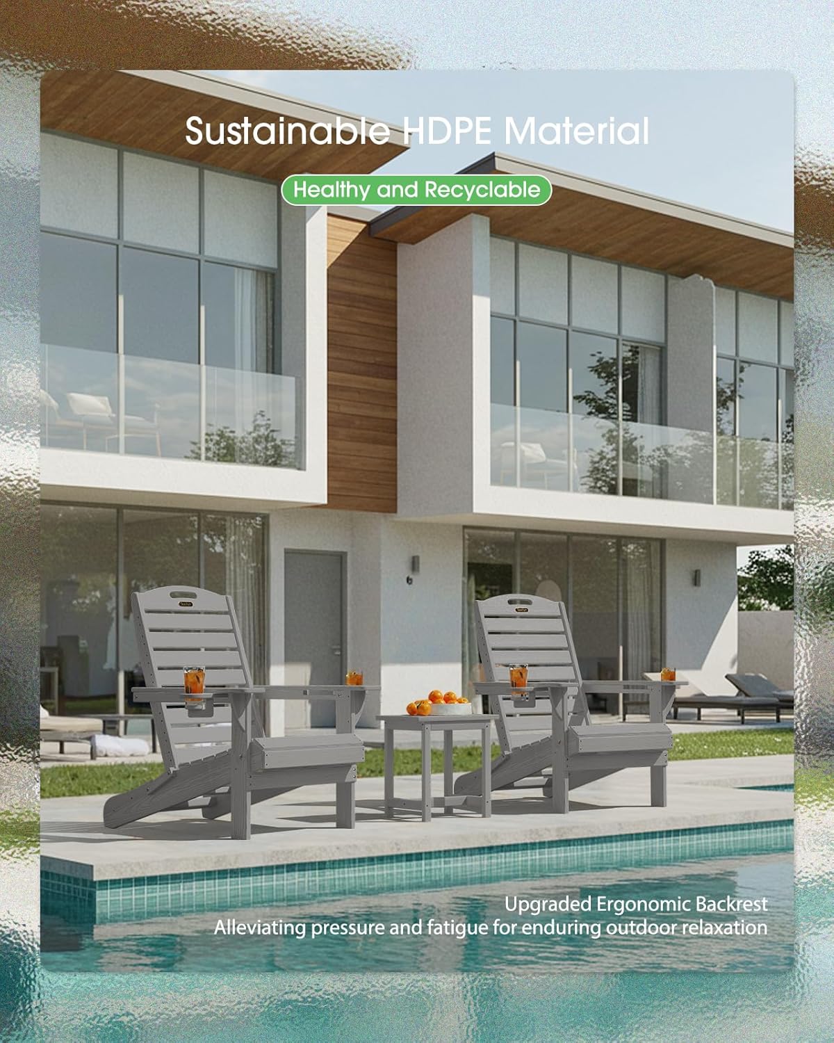 Adirondack Chairs Set of 2, Outdoor Fire Pit Chairs, HDPE All-Weather Adirondack Chairs with Cup Holder, Lawn Chair for Deck, Patio, Garden (Grey)