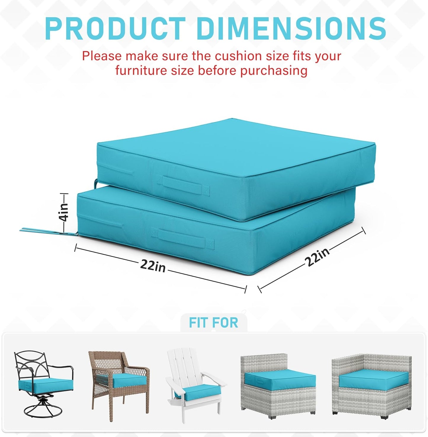 Patio Chair Cushions 22 X 22 X 4 Inch Waterproof Outdoor Seat Cushions for Patio Furniture, Outdoor Sofa Couch Pads with Ties & Handle, Set of 2, Lake Blue