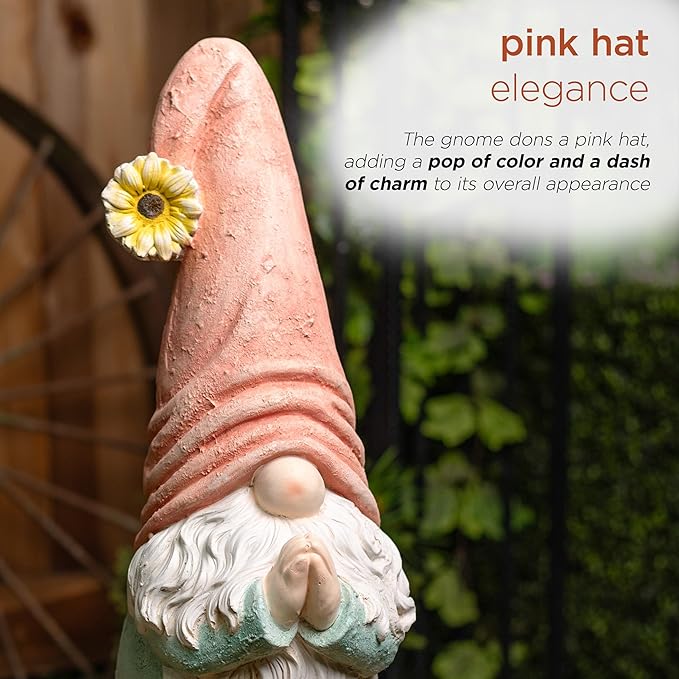 Alpine Corporation MCC846 Indoor/Outdoor Praying Gnome with Sunflower Garden Statue, Peaceful Gnome Statue w/Hat, 23" H, Pink