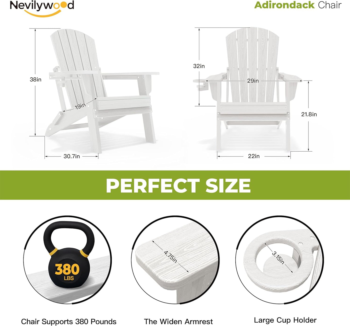 Folding Adirondack Chair - Extended Ergonomic Backrest, Cup Holder - Easy Assembly - Durable HDPE Plastic, Weather Resistant & Maintenance-Free - Lawn, Patio, Deck Supports 380lbs White