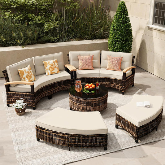 8 Piece Outdoor Patio Furniture Set, Half-Moon Curved Sectional Set with Wood Armrests, 2 Half-Moon Ottomans, Round Table (Brown)