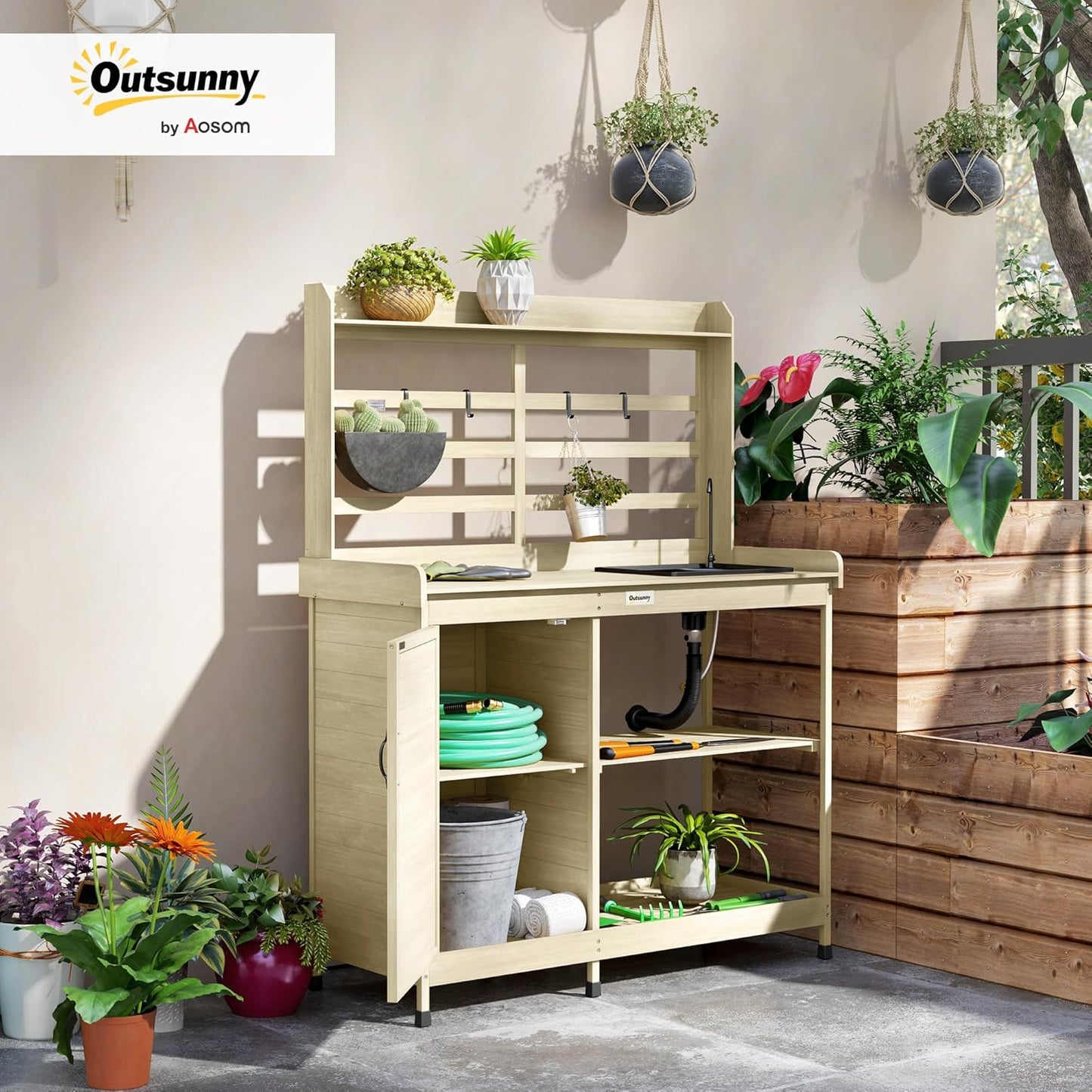 Outsunny Outdoor Wooden Potting Bench Table with Sink and Water Tap, Garden Workstation with Storage Cabinet, Storage Shelves for Backyard, Patio, Balcony, Natural