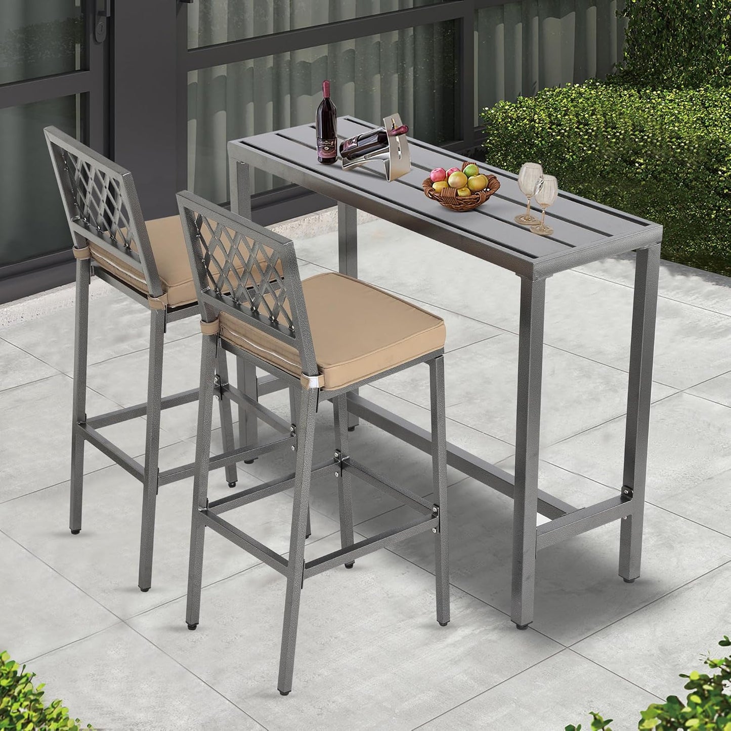 Outdoor Patio Bar Set, Bar Height Patio Dining Set, Weather-Resistant Bistro Counter Pub Set with Cushions & Slatted Tabletop for Backyard, Garden, Yard (47" Table, 2 "X Style Stool, Gray)