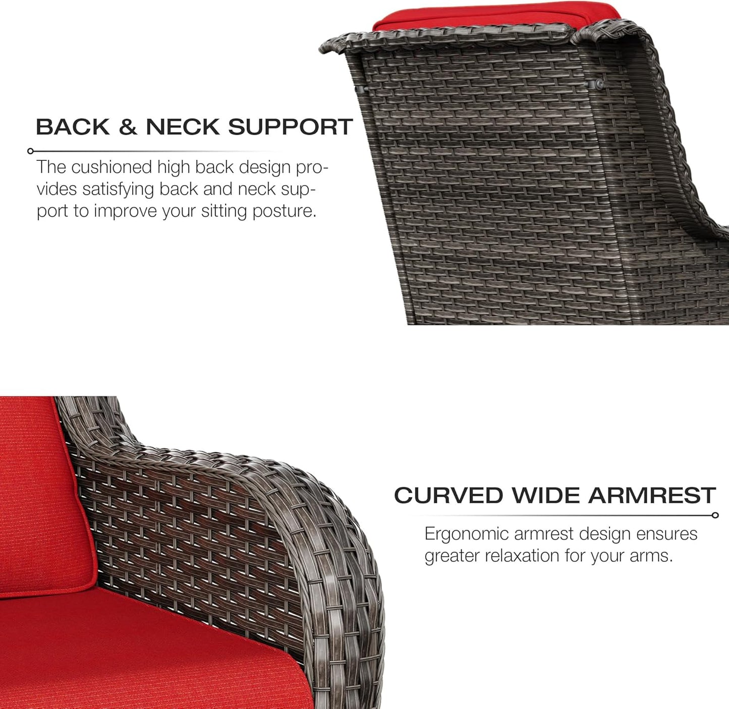 Joyside Patio Furniture Set 6 Pieces - Outdoor Rattan Furniture Set with 2 Armchairs, 2 Couch and 2 Ottomans, Olefin Cushions Included(Mixed Grey/Red)