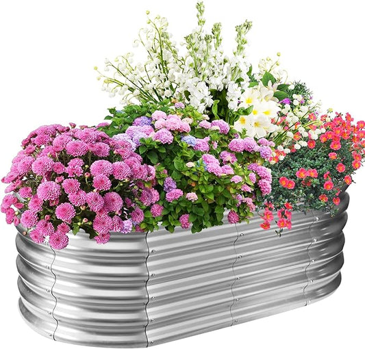 17" Tall Elevated Oval Metal Raised Garden Bed - 4ft x 2ft in Size and 0.8MM Thick Durable Planter Bed/Box for Vegetables Flowers Succulent at Patio/Garden Outdoor (Silver, 4X2X1.4 FT)