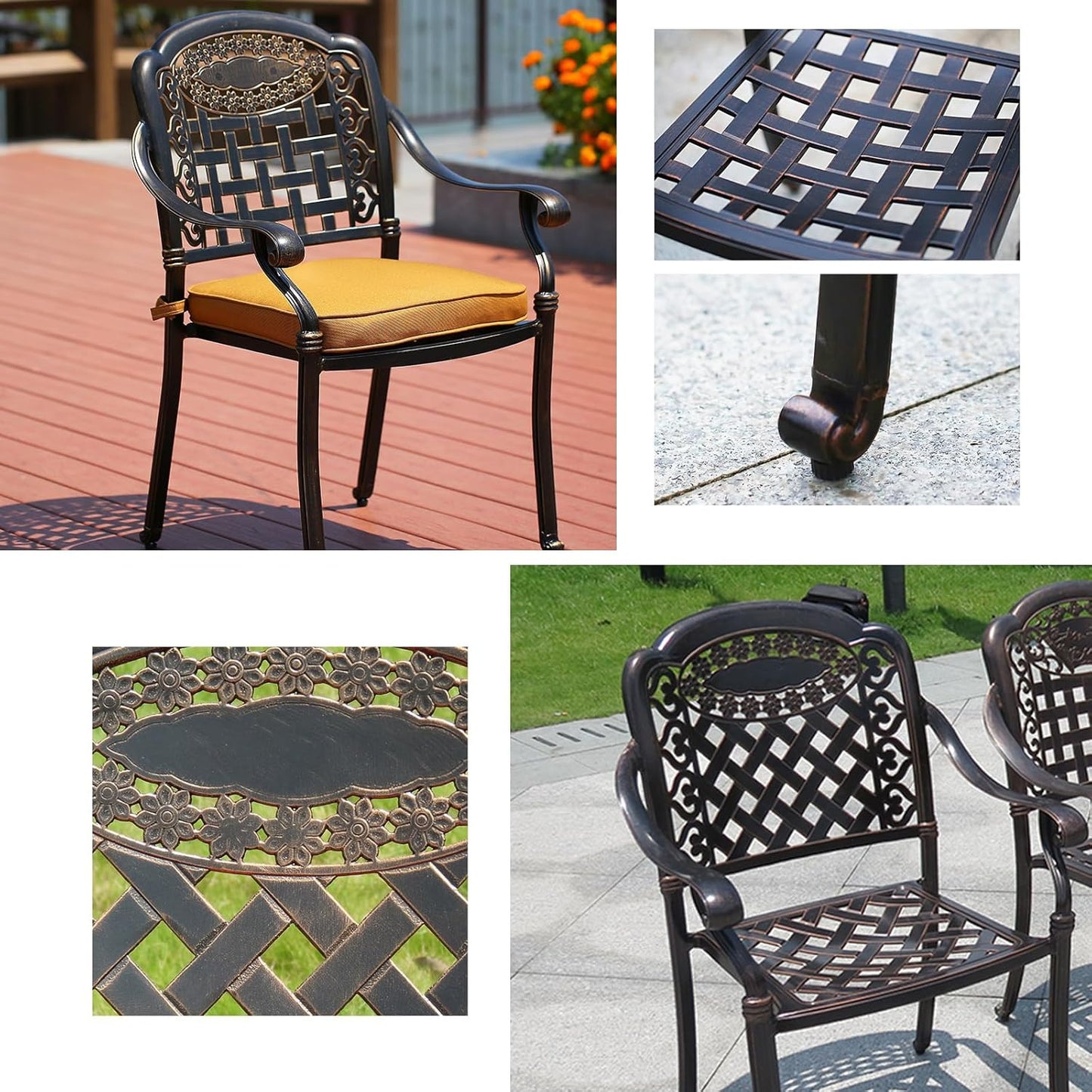 Outdoor Dining Chair Cast Aluminum Patio Chairs Set of 2 All-Weather Patio Dining Chair with Adjustable Feet for Backyard Garden (Flange Chair)
