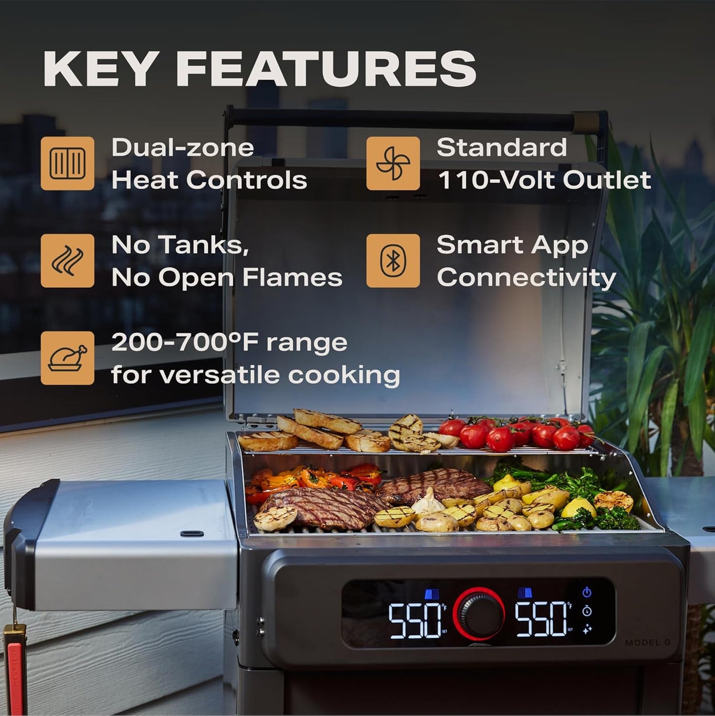 Current® Model G Dual Zone Grill, Smart Electric Outdoor Grill with 200°F to 700°F Range for Searing & Roasting, Digital Precision, Independent Heat Zones, Apartment-Friendly & Weather-Resistant