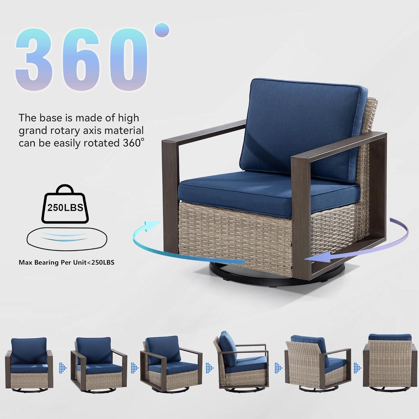 Outdoor Swivel Rocker Metal Chairs Set of 2 with Small Coffee Table - 3 Pieces Patio Bistro Set with Rectangular Framed Wood-Looking Metal Armrest, 360 Degree Glider Chairs, Dark Blue