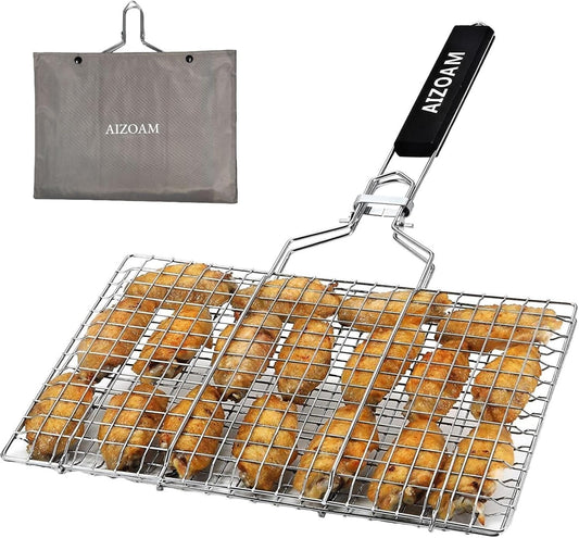Shallow Grill Basket Fish Grill Basket, Fish Grilling Basket BBQ Fish Grill Baskets for Outdoor Grill,Grill Basket with Removable Handle. Perfect for Grilling Fish Fillets