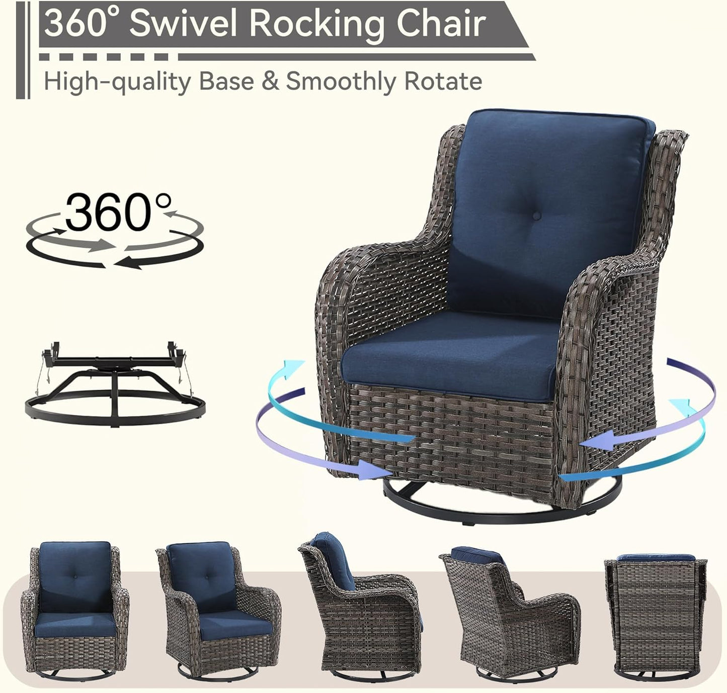 Outdoor Swivel Rocker Patio Chair - Outdoor Wicker Patio Glider Chair with Olefin Fabric Cushions Suitable for Backyard Deck and Porch, Blue