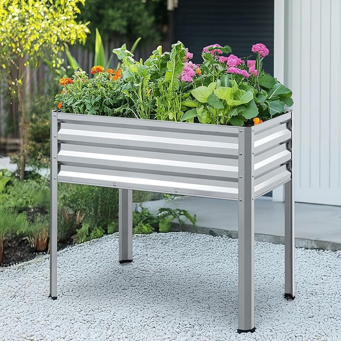 KING BIRD Raised Garden Bed with Legs Galvanized Elevated Planter Box for Backyard, Patio, Balcony, 33.9x17.7x31.5in, Silver