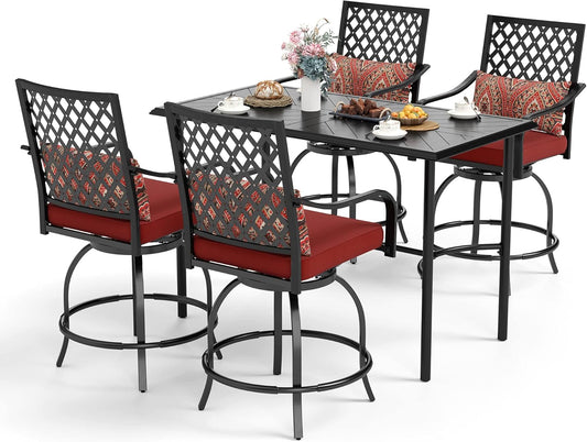 Sophia & William Patio Bar Set 5 Piece Outdoor High Dining Table and Chairs Set, 4 Swivel Bar Stools and 1 Rectangular Bar Height Table, All-Weather Metal Furniture Set with Red Cushion