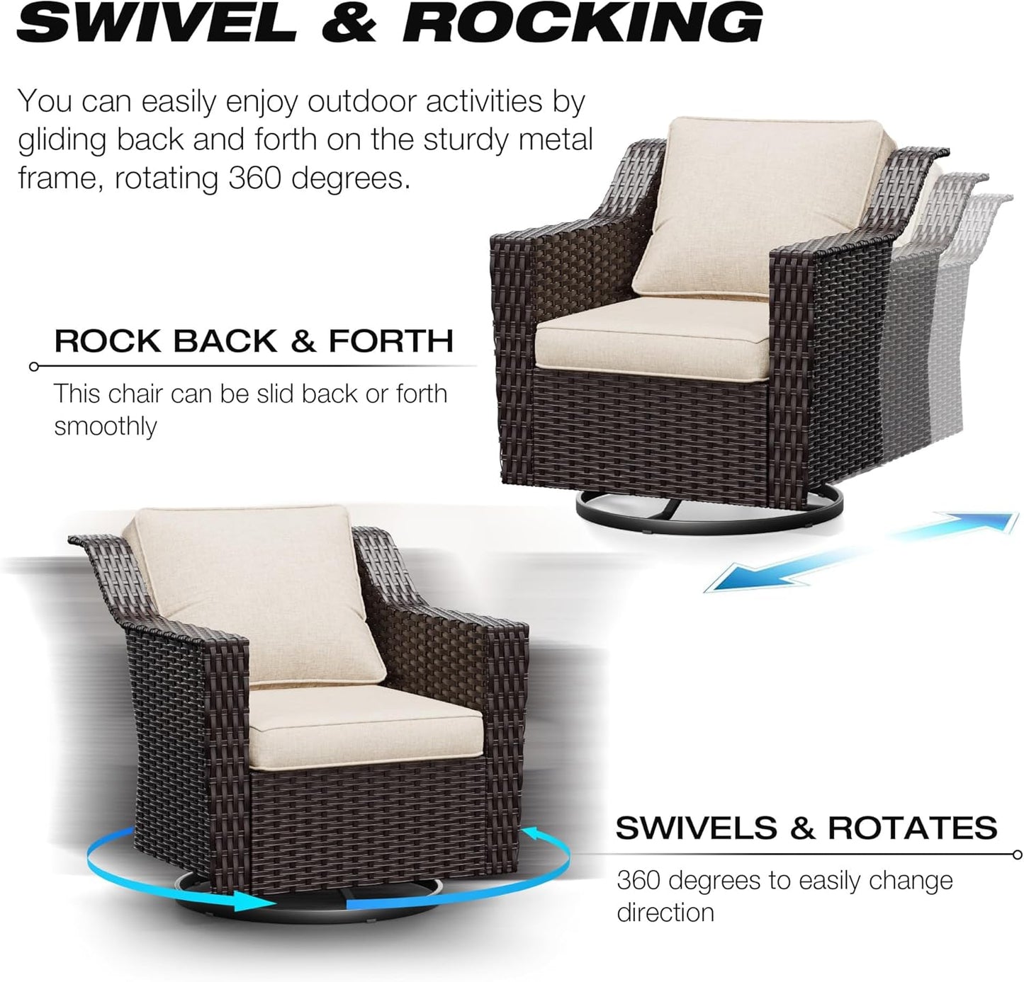 Joyside Wicker Patio Furniture Sets, 3 Pieces Upgraded Large Size Outdoor Furniture with 2 Patio Swivel Chairs and 1 Side Table, Thick Cushions, Wide Armrest