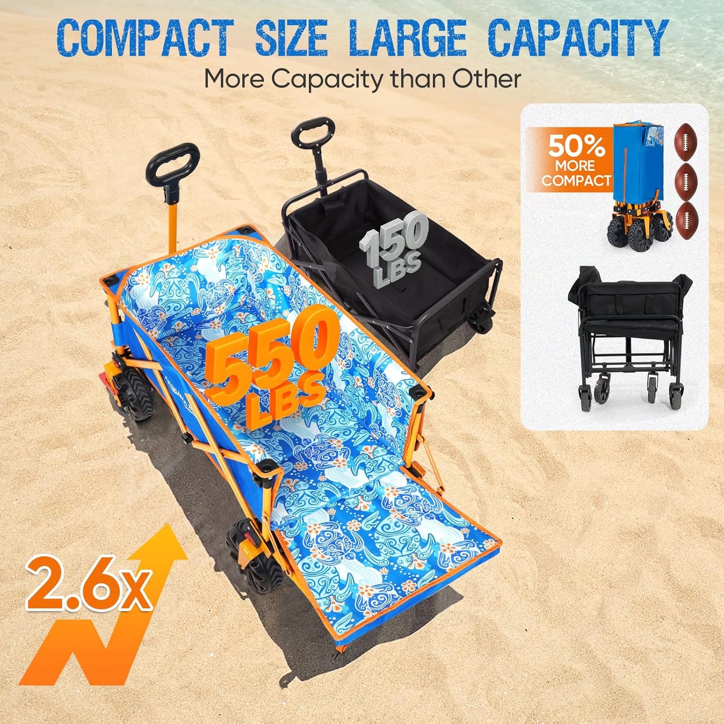 49" L Extra Long Beach Wagon with Tailgate,Big Wheels with Brake for Sand, Collapsible Utility Beach Cart Heavy Duty Folding Wagon,Ideal for Outdoor Sand Camping Garden Pet