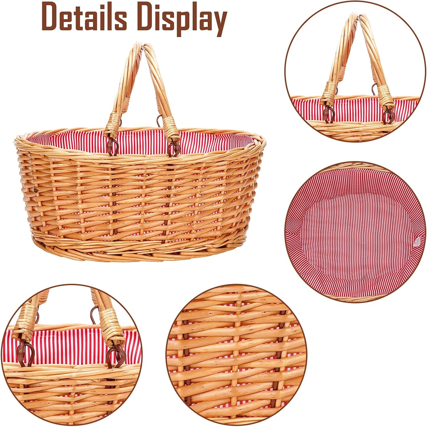 Wicker Picnic Basket with Double Folding Handles, Natural Large Willow Hamper Empty Basket Cheap Easter Eggs Candy Storage Wine Basket for Toy, Flower, Wedding（Red 16inch）