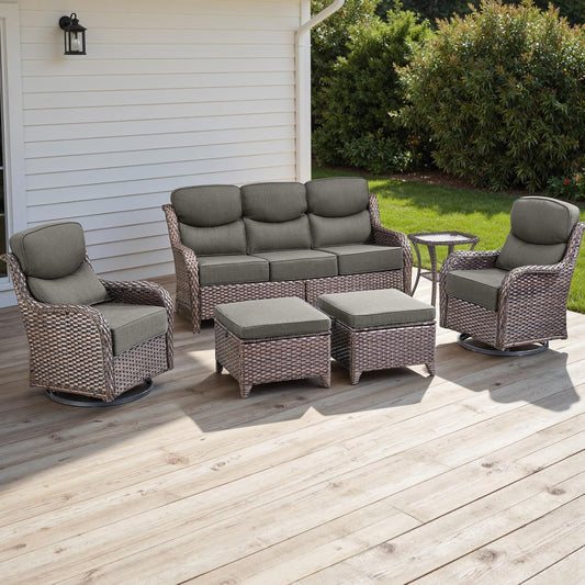 Wicker Outdoor Patio Furniture Set - 6 Piece Patio Conversation Sets with Swivel Rocker Chairs, Ottomans, Sofa and Side Table, 6 inch Cushions, Waterproof Wicker, for Porch Deck Brown/Grey