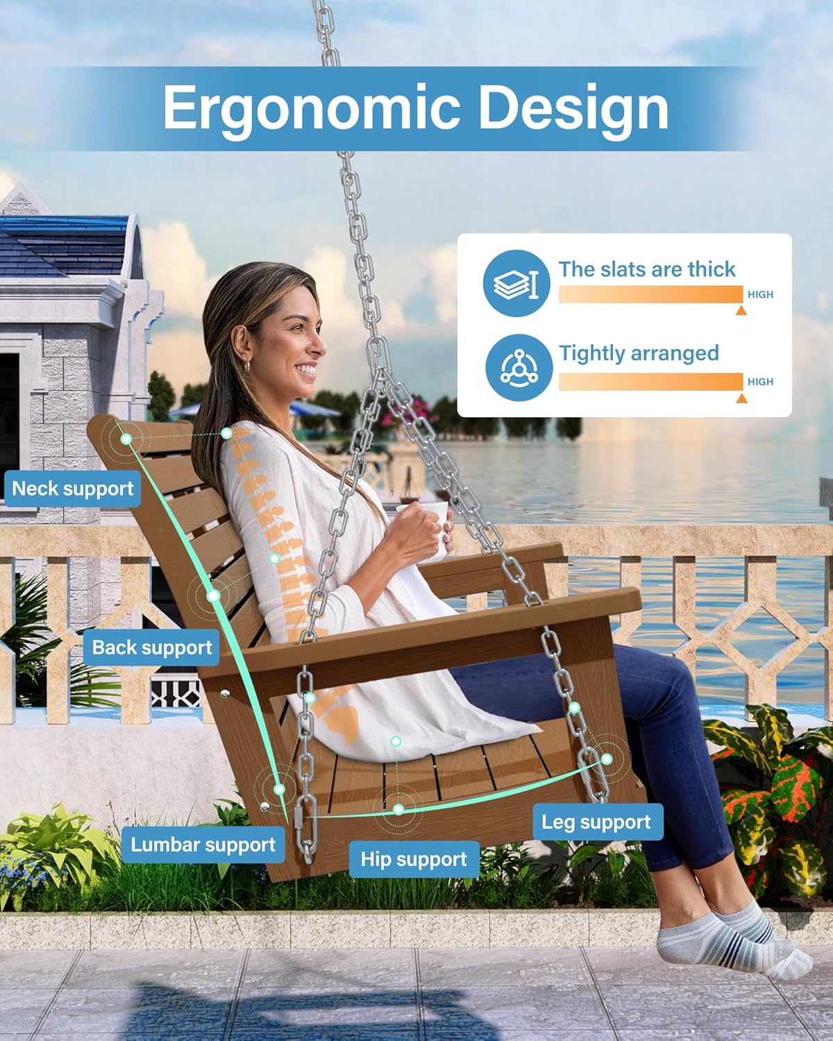 YEFU Hanging Porch Swing Set of 2,2-Seat Patio Swing Bench,All-Weather Swing Chair with Hanging Chains,Look Like Real Wood,for Garden and Courtyard,800LBS Weight Capacity,4FT,Teak