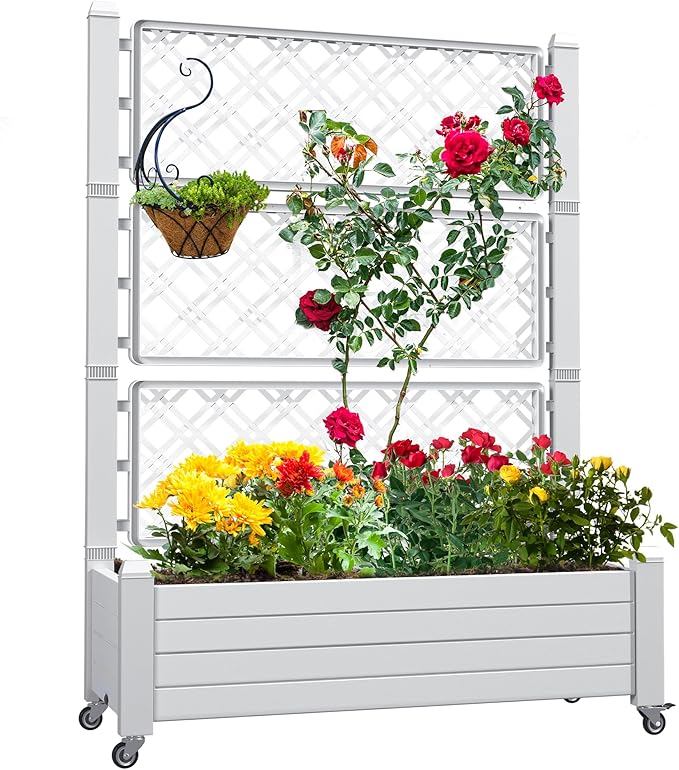 YITAHOME 43.3x17.7x61 in Planter Trellis Box with Wheels & Drain Plug, Outdoor Resin Raised Garden Bed for Climbing Plants, Large Weather-Resistant Design, Grayish-White