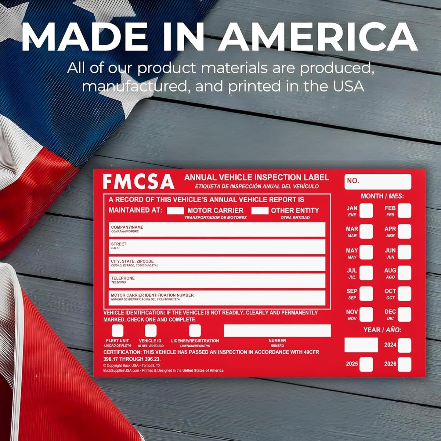 50 Pack Buck Aluminum Annual Vehicle Inspection Label with Punch Boxes, 2 Mil Red FMCSA Self Adhesive Sticker, DOT Compliant, Weatherproof, Tear Resistant, Easy to Write On, 6" x 3.5" - Made in USA