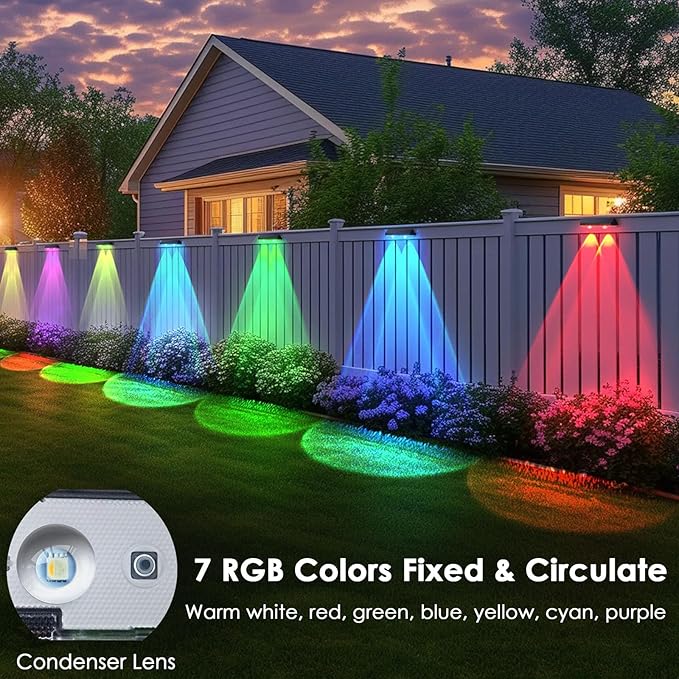 9 Pack Solar Fence Lights - Dusk to Dawn RGB Color Changing LED Lights for Outside Deck, Porch, Patio, Garden Decor