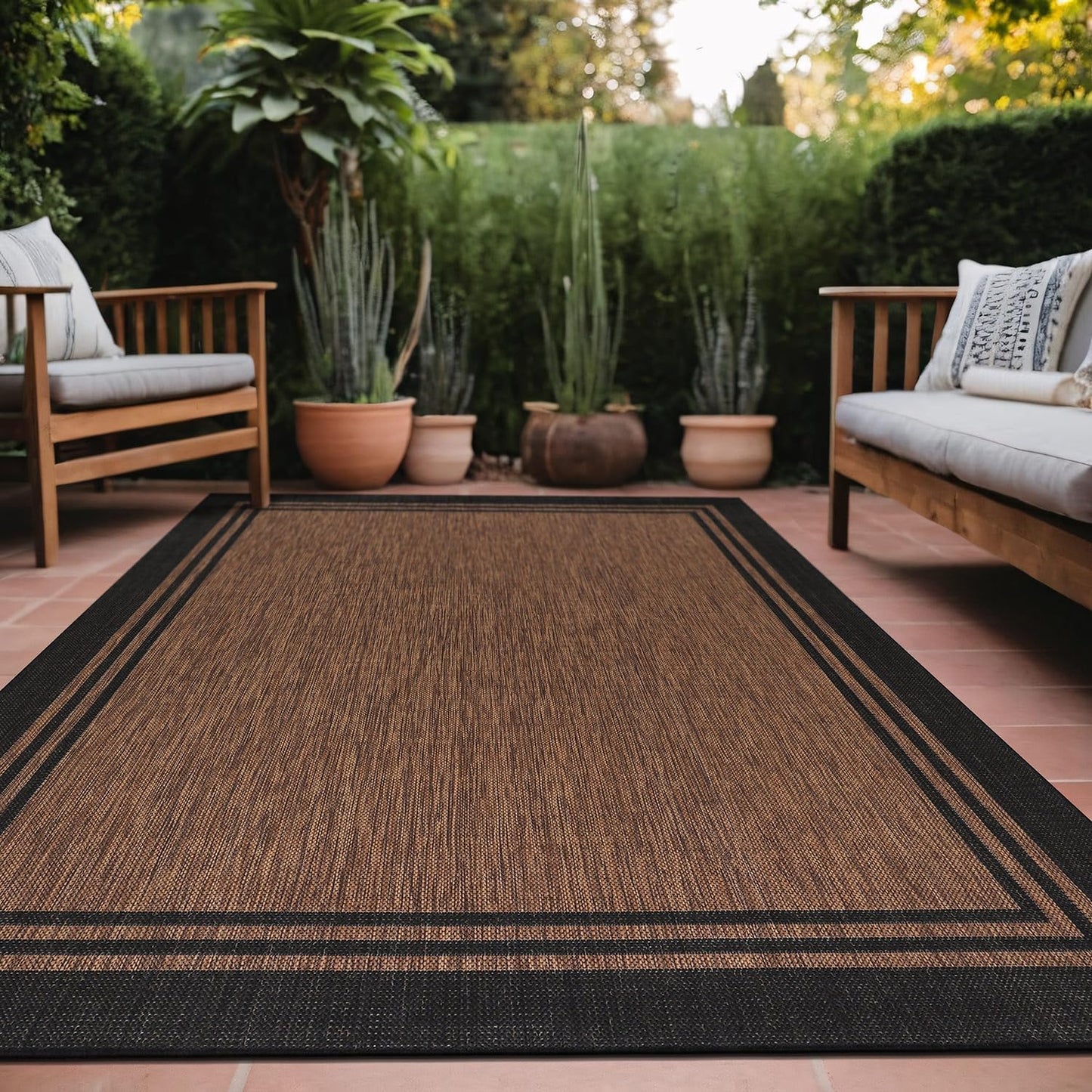 Bordered Outdoor Rug 10x14 Washable Outside Carpet for Indoor Patio Porch Waterproof Easy Cleaning Non Shedding Area Rugs Nut Brown 10 x 14