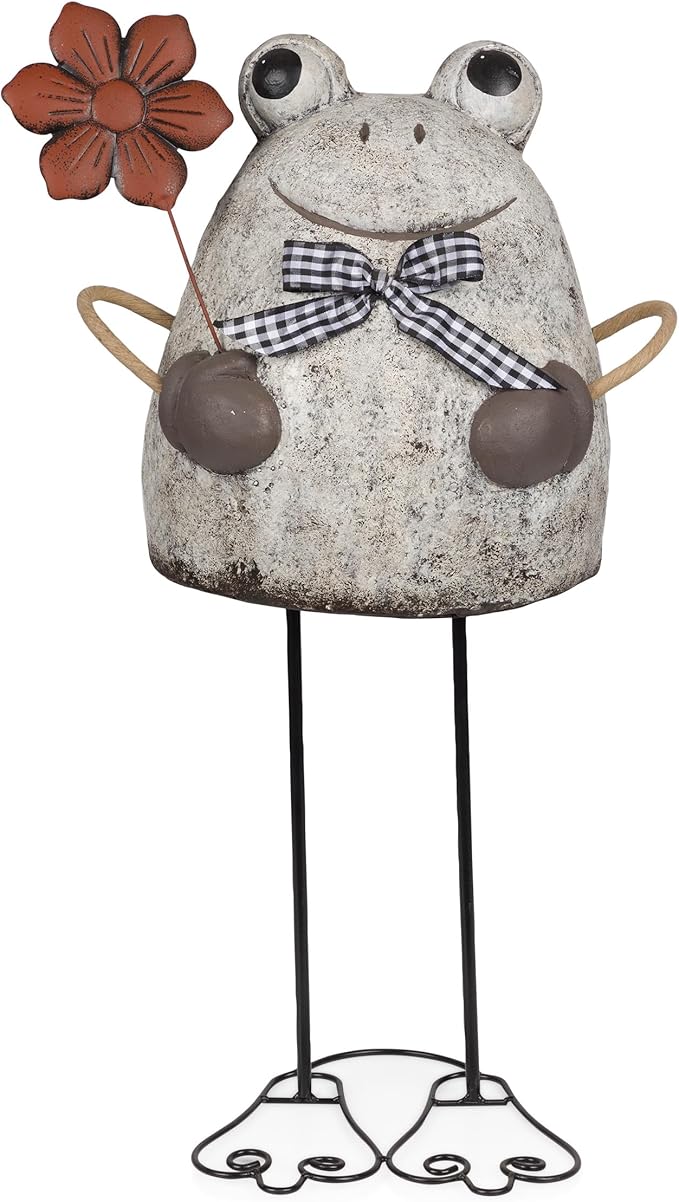 Alpine Corporation MCC860 Indoor/Outdoor Frog with Flower Garden Statue, Stone Finish Frog Statue for Yard, 24" H, Silver