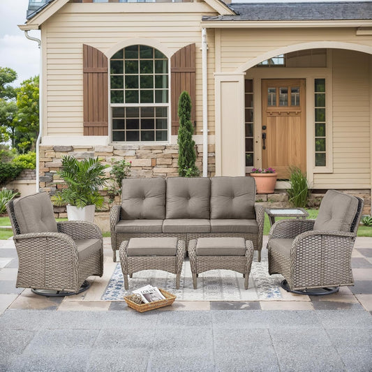 HUMMUH 6 Pieces Outdoor Patio Furniture-PE Rattan Wicker Sofa with Patio Swivel Rocking Chairs Patio Furniture for Deck Lawn Porch Balcony Poolside-Grey/Grey