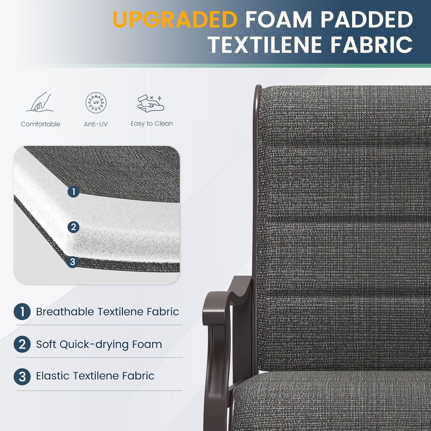 Amopatio Padded Patio Swivel Chairs Set of 8, Outdoor Dining Chairs with Ultra Soft Textilene High Back Seat & Metal Rocker Frame, for Backyard Deck Lawn Garden, Dark Grey