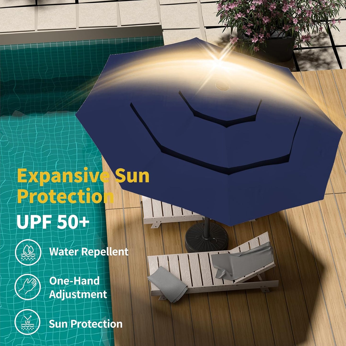 Kingdura 10ft 3-Tier Patio Umbrella with Solar Lights, Table Umbrella Outdoor Patio with Easy Crank & Tilt, 8 Sturdy Ribs, UV Protection, 32 LED Lights for Deck, Poolside, Market (Navy blue)