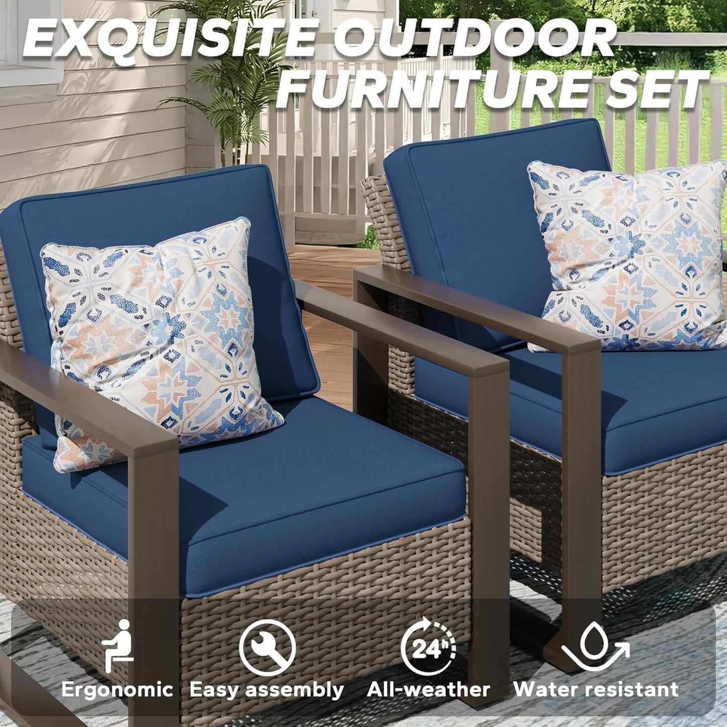 Patio Metal Wicker Chairs Set of 2, All Weather Outdoor Rattan Dining Chairs with Rectangular Framed Wood-Looking Armrest & Fade-Resistant Cushions for Deck Balcony Backyard, Dark Blue