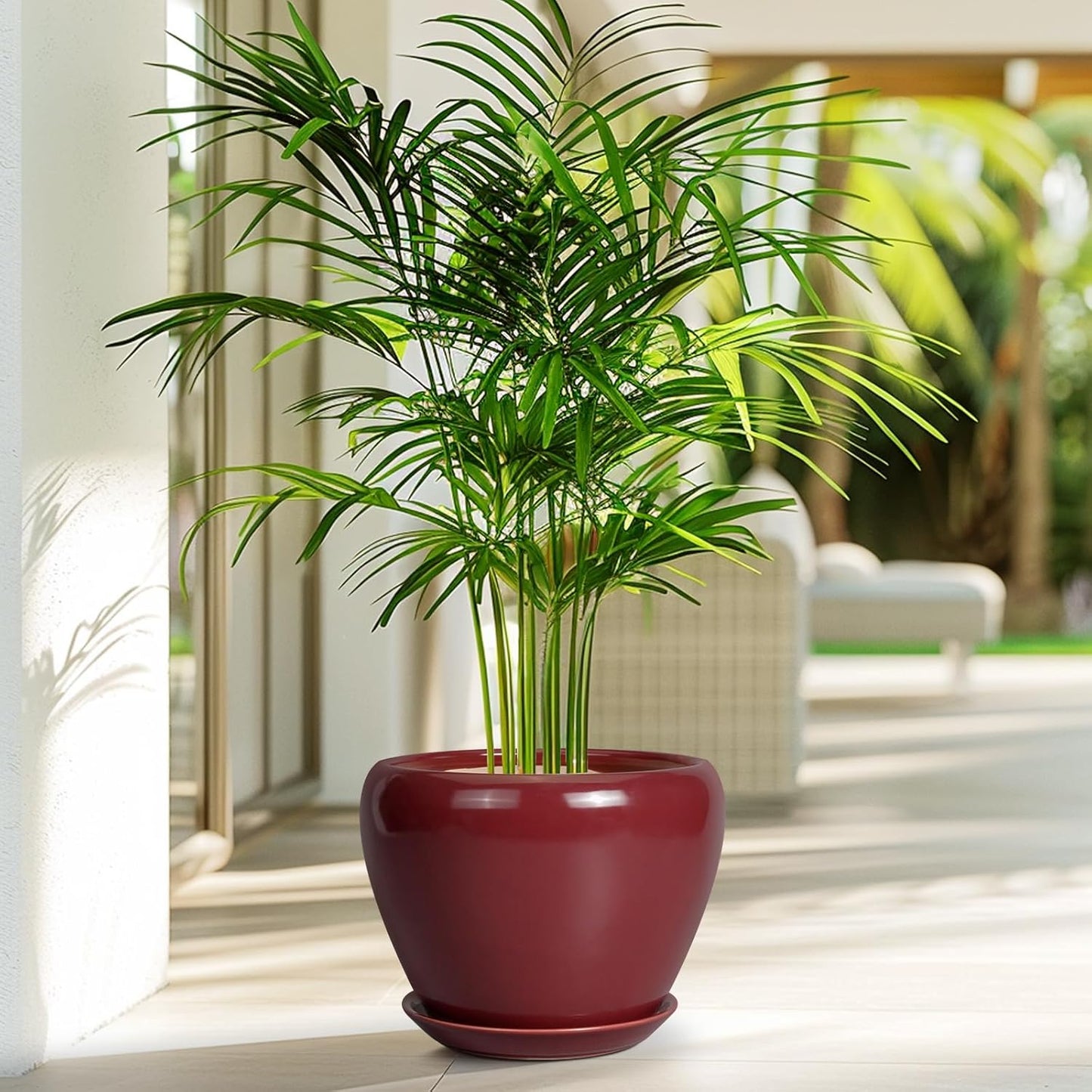 Ceramic Planter - 8 Inch Plant Pot Indoor with Drainage Hole and Saucer Planter for Outdoor Plants Round Flower Pot for House Patio Decor Red