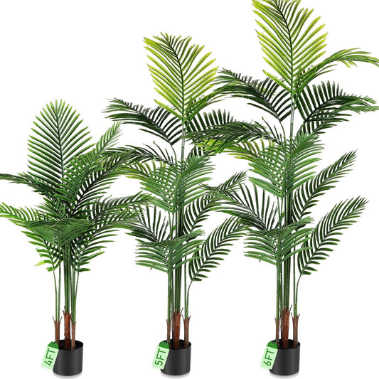 Jexine 3 Pack Artificial Areca Palm Plant Fake Palm Tree, Faux Plant for Home Decor Indoor Outdoor Faux Areca Palm Tree in Pot for Home Office Housewarming Gift Modern Decoration (4 Ft,5 Ft,6 ft)
