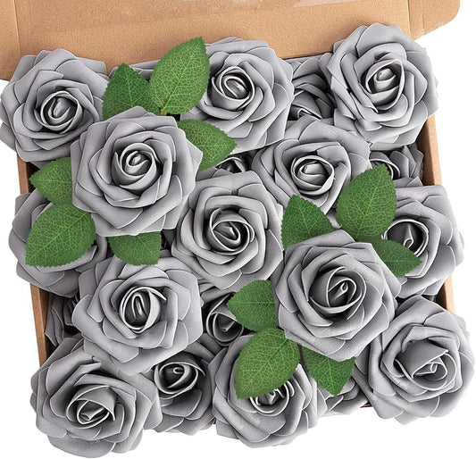 N&T NIETING Artificial Rose, 25pcs Gray Fake Foam Flowers with Stems for Wedding Party Baby Shower Cake Decoration, Home Display