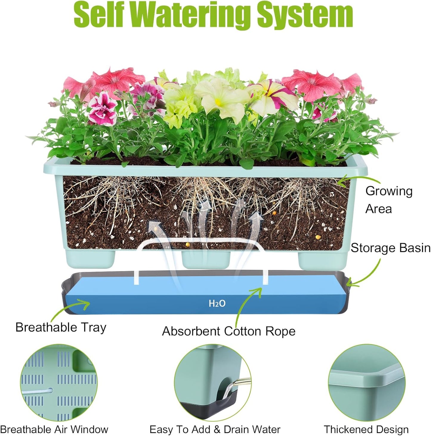 Window Box Planter 8 Pcs, 17 Inches Rectangle Flower Pots with Drainage Holes and Trays, Vegetable Planters for Windowsill Patio Garden Balcony Home Porch Yard Indoor Outdoor