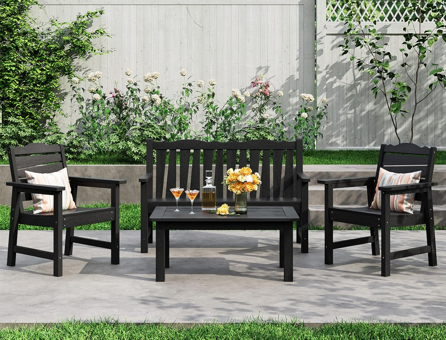 Patio Chairs Set, Weatherproof HIPS Outdoor Furniture, Include 2 Patio Dining Chairs + Outdoor Bench, Suit for Garden, Porch, Lawn & Backyard (Black)