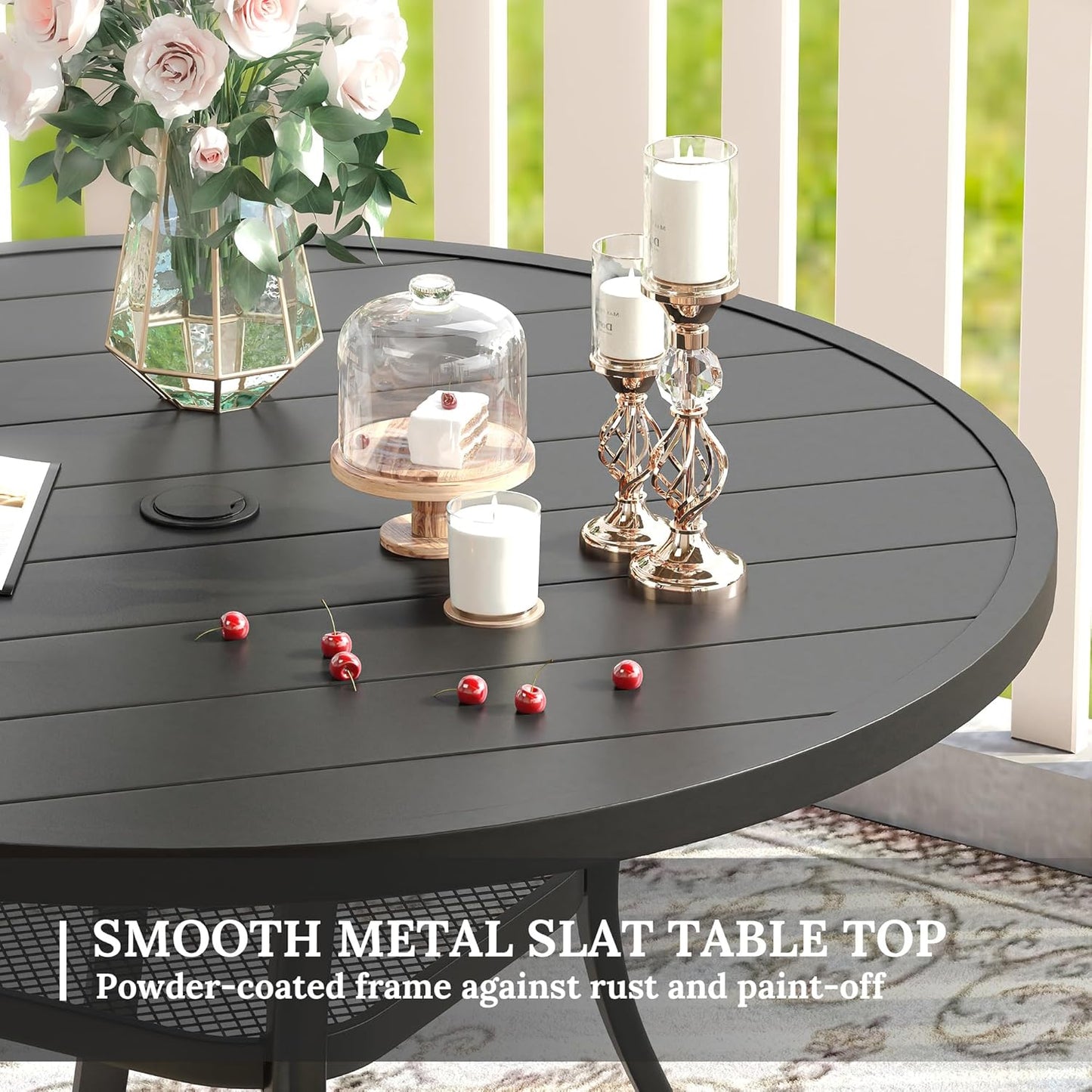 VICLLAX 41.2"x 28" Outdoor Round Patio Table for Lawn Garden, All Weather Metal Round Patio Dining Table with Adjustable Umbrella Hole, Patio Table for 4 Person, Black Tabletop