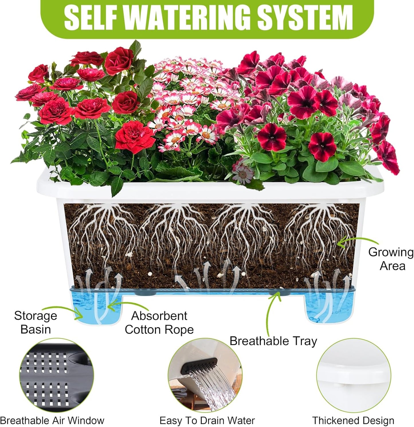 Self-Watering Rectangle Planter Boxes 8-Pack, 15.7-Inch Window Box Planter with Drainage Holes & Trays, Pots for Vegetables, Herbs, Flowers, Garden Windowsill Balcony (White, 15.7*8.3*7.1 inch)
