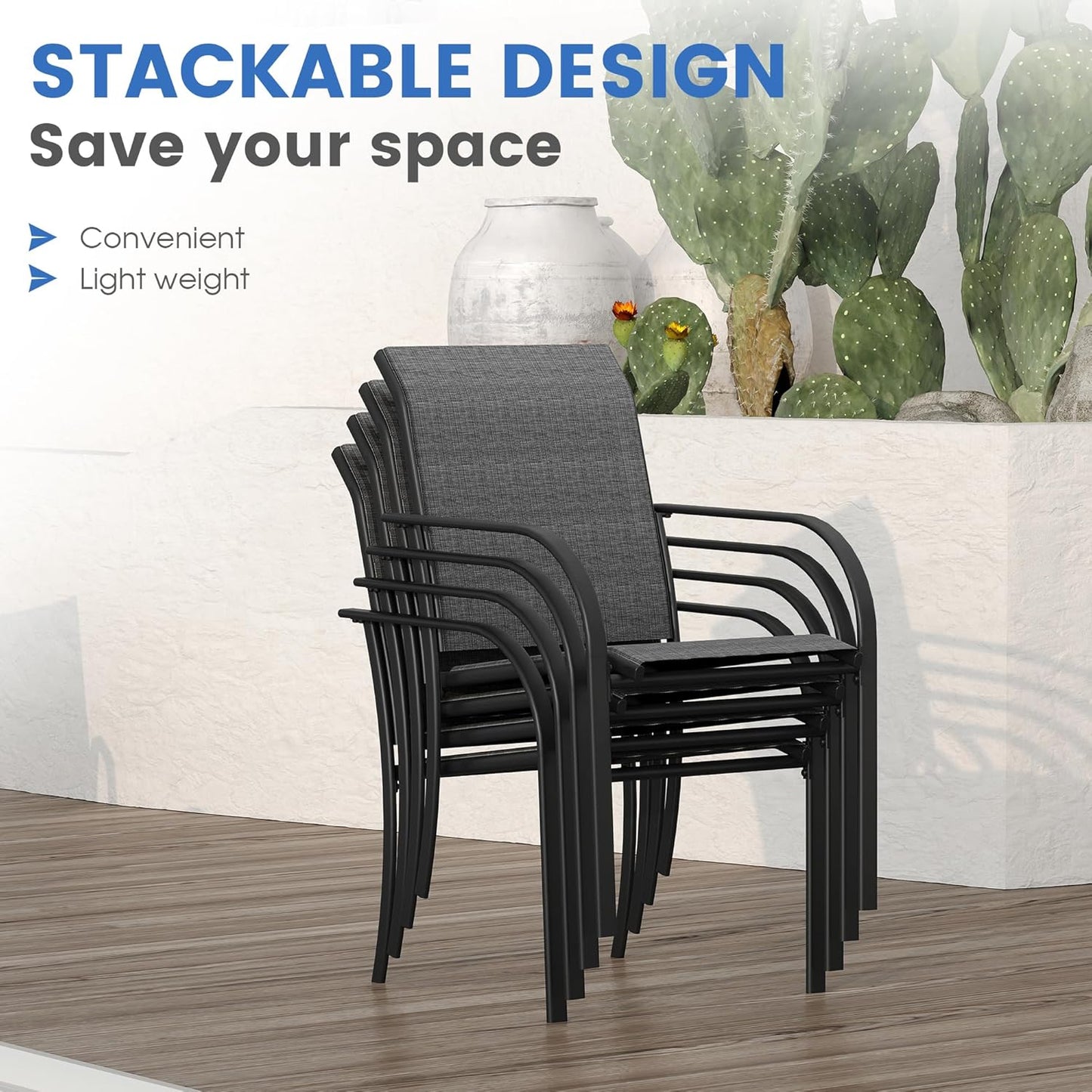 VICLLAX Patio Dining Set for 4, Outdoor Furniture Set Includes 1 Square Table and 4 Stackable Sling Chairs, Black Table and Dark Grey Chairs