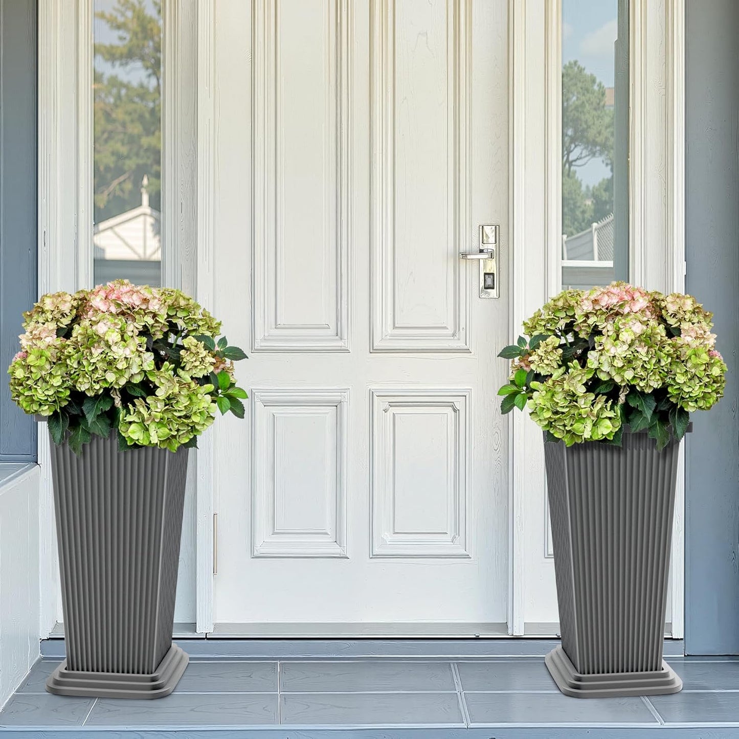 FENCY Set of 2 Tall Planters for Outdoor Plants, 24 Inch Large Tapered Pots with Drainage Trays, Weather-Resistant Plastic Plant Containers for Patio, Porch, Garden, Front Door Decor,Gray,Striped