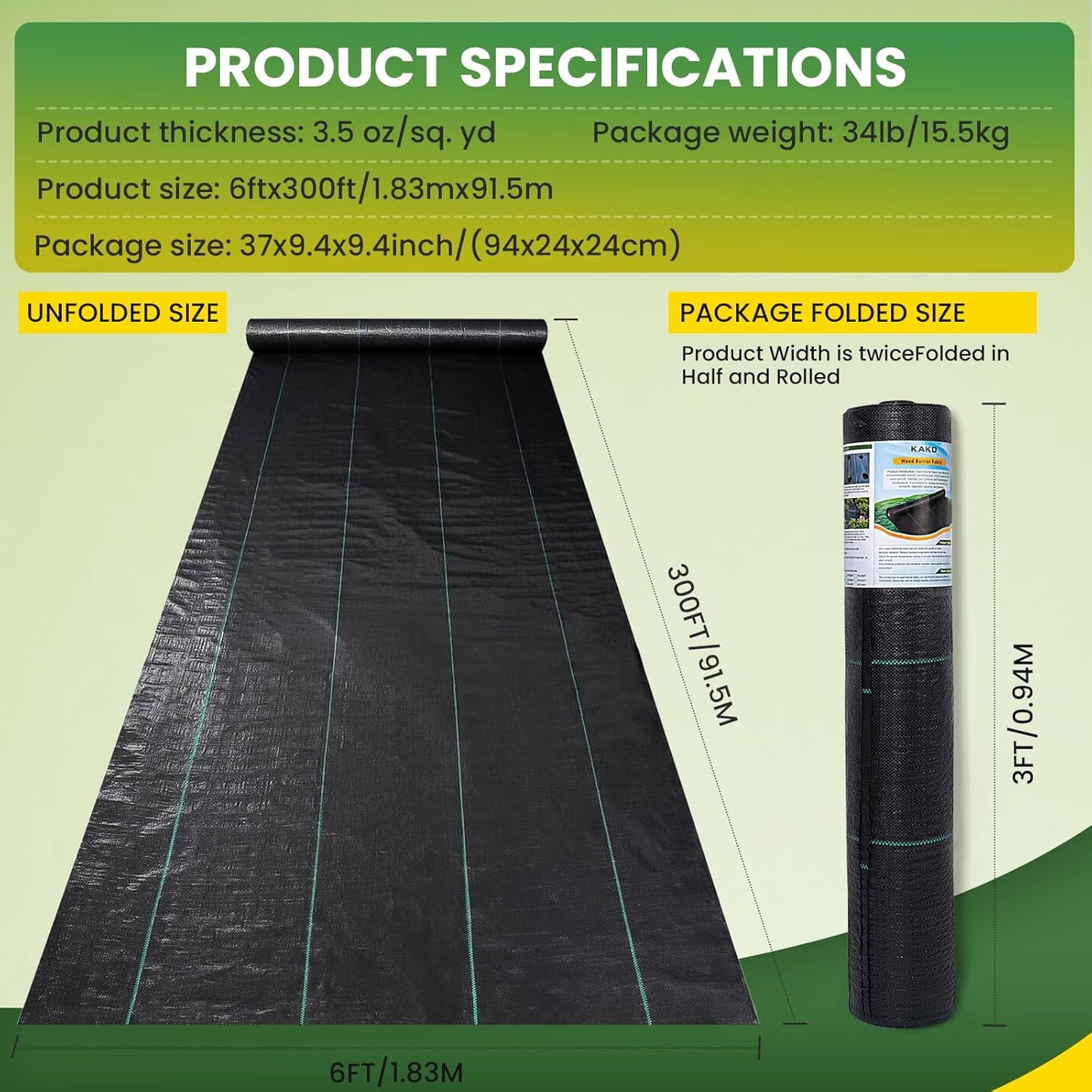 KAKO 6x300FT Weed Barrier Fabric, Landscape Fabric, Garden Weed Barrier Fabric, Garden Fabric Weed Barrier Weed Cloth for Landscaping Fabric, Garden Fabric, Driveway Fabric