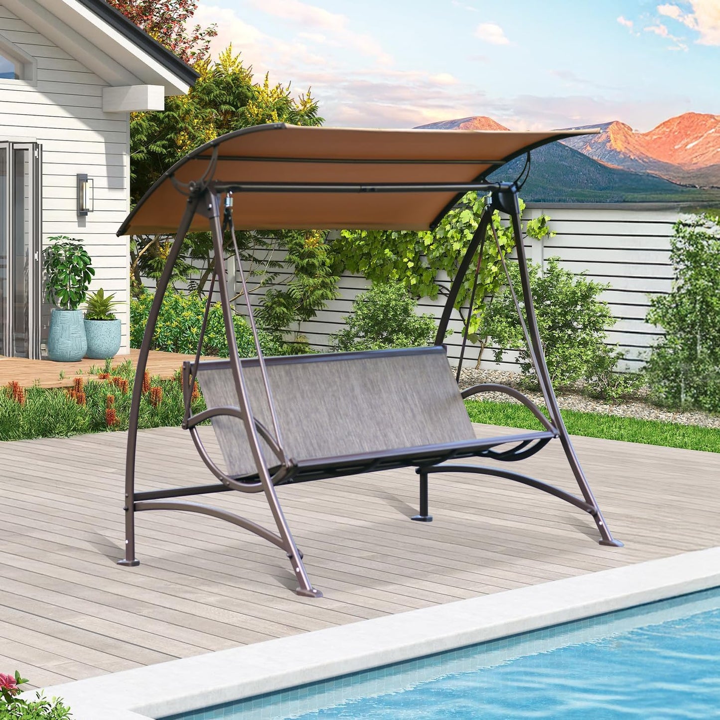Domi Porch Patio Swing with Adjustable Canopy, 3-seat Swing with Stand, Outdoor Swings w/Armrests, Weather Resistant Steel Frame and Textilene Fabric Dark Brown