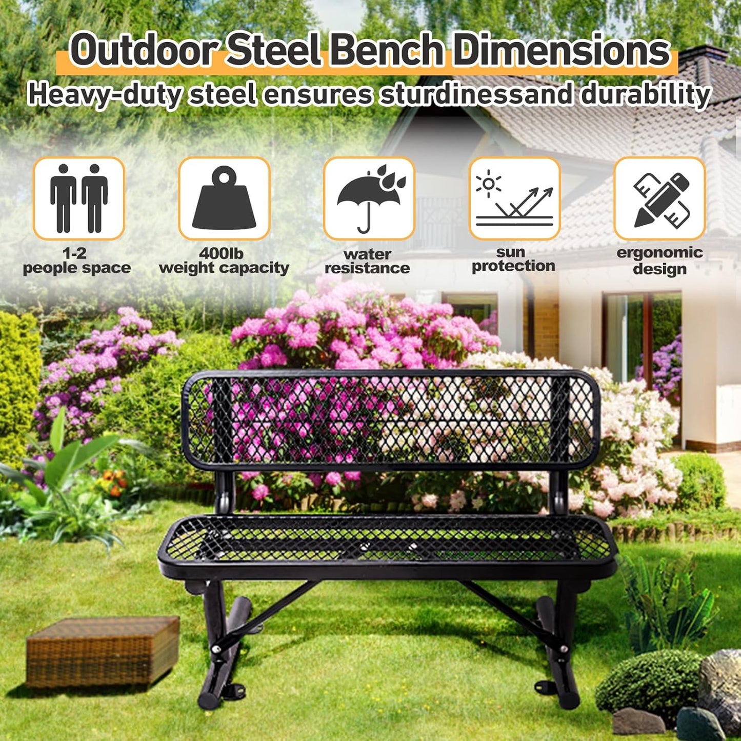 4FT Heavy Duty Park Bench with Back Portable Frame, Outdoor Metal Park Bench with Backrest, Steel Mesh Outdoor Bench for Garden, Lawn, Patio, Porch, Park, Yard (Black, 48" D x 23.2" W x 32.5" H)