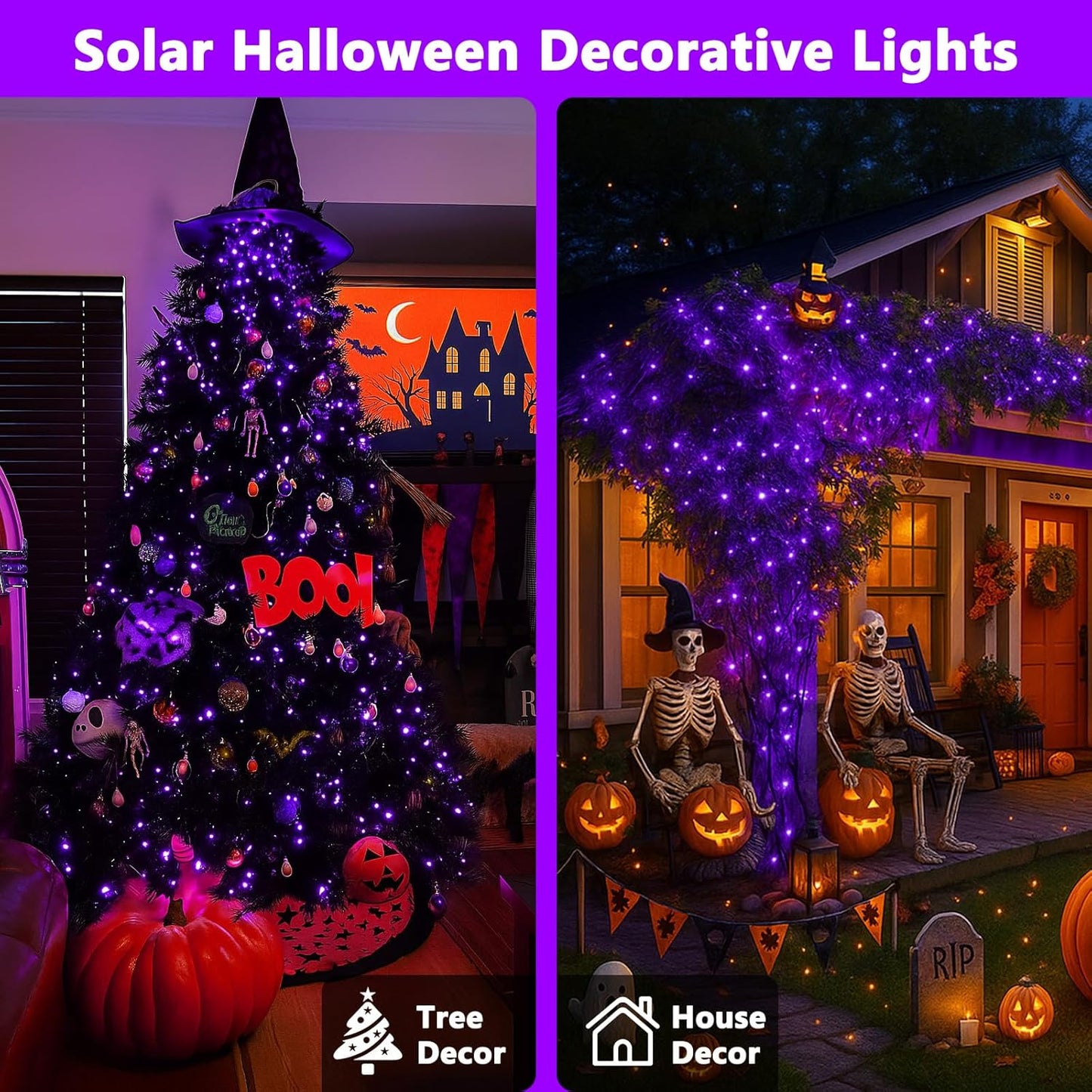 4 Pack Purple Solar Halloween Lights Outdoor Waterproof, 180FT 320 LED Solar String Lights with Green Wire 8 Modes Solar Fairy Twinkle Light for Tree Bush Garden Horror Party Halloween Decorations