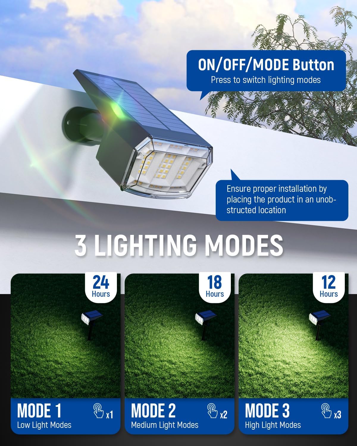 Solar Spot Lights Outdoor 63 LED 3 Lighting,Waterproof IP65 Modes Spotlights for Outside House Yard Garden Landscape Lights 1 Pack (Natural Light)