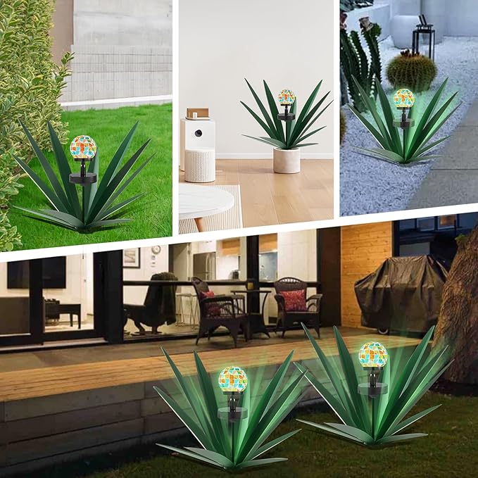 Enlarge Metal Plants Tequila Rustic Sculpture, Outdoor Patio Yard, Home Decor Hand Painted Agave Garden Statue, Outdoor Lawn Ornaments Yard Stakes for Mom Gift (2 Solar Green)