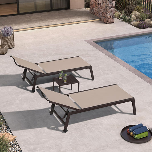 PURPLE LEAF Oversized Patio Lounge Chairs Set of 3, Reclining Pool Lounge Chairs with Side Table and Wheels for All Weather for Outdoor, Deck, Lawn, Aluminum Outside Pool, Taupe